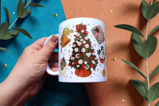 Sparkly Christmas coffee mug, Christmas coffee cup, illustrated coffee mug, winter coffee mug, Christmas Glass Festive Mug, Leaf festive Mug